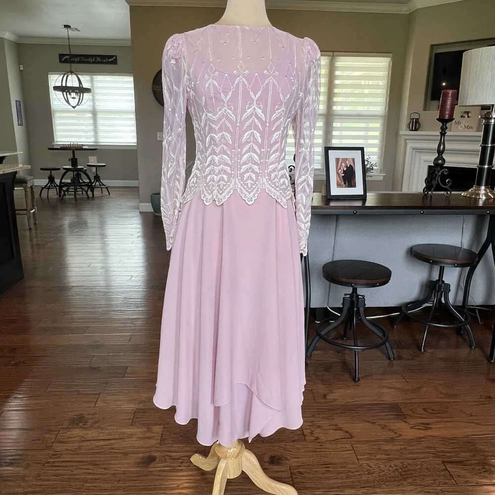 Vintage Cachet Bari Protas Pink Rose Dress 7/8 Sheer Embroidered Formal Gown - Picture 2 of 15